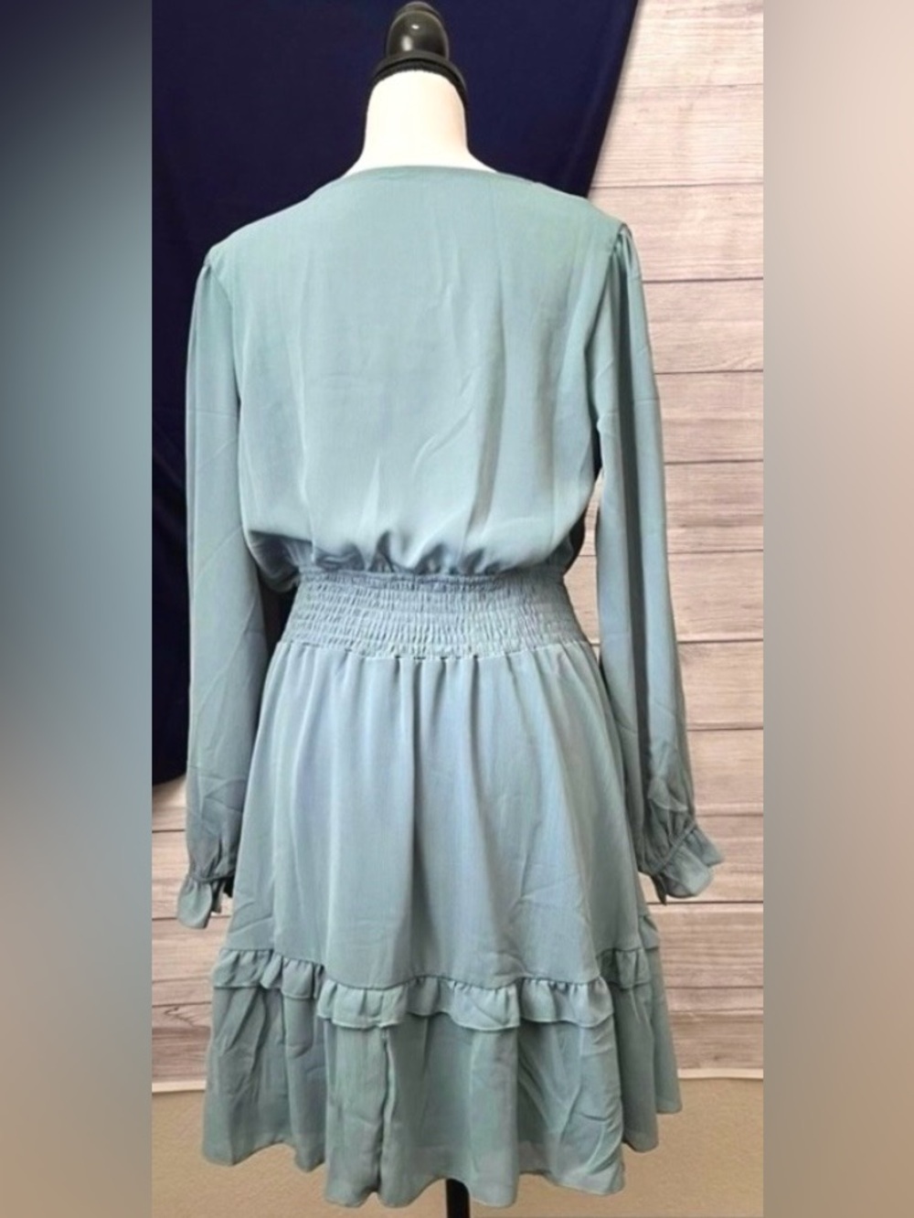 Sage Green Chiffon Tie Front Mini Dress L Ruffle Hem Long Sleeve - Picture 4 of 5